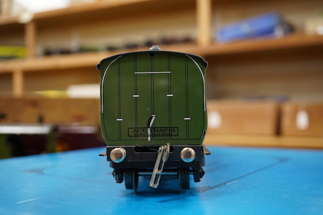 A boxed ACE Trains 0 gauge tinplate coach set; C/1 SR, comprising of three Southern Railway bogie coaches; a Full First, a Full Third and a Brake Third